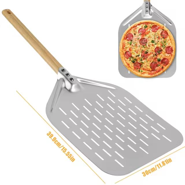 

12 inch Aluminum Alloy Wooden Handle Pizza Shovel Hollow Punching Non Stick Punching Lightweight Pizza Crust Shovel Baking Tool 12