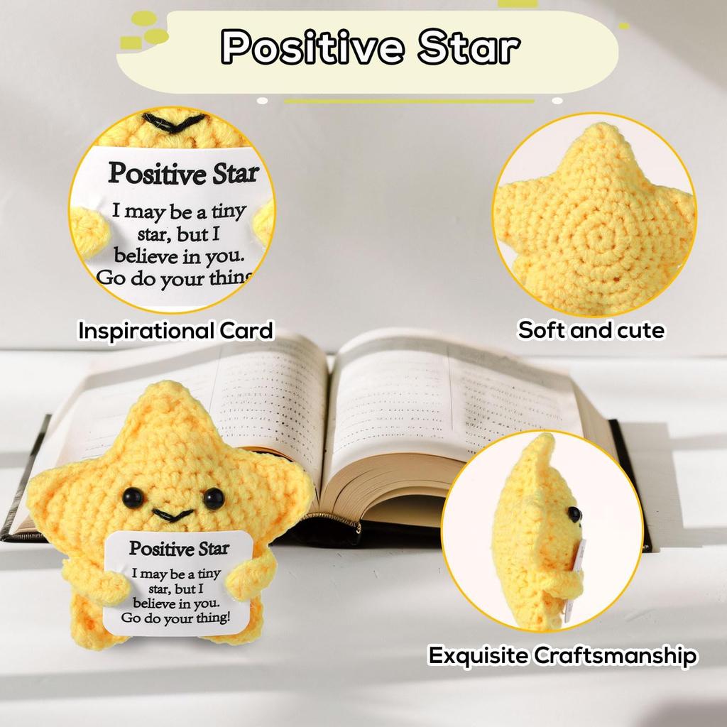 Funny Positive Crochet Star Doll Desktop Ornament Handmade Cheer Emotional Support Positive Star with Card Home Party Decoration