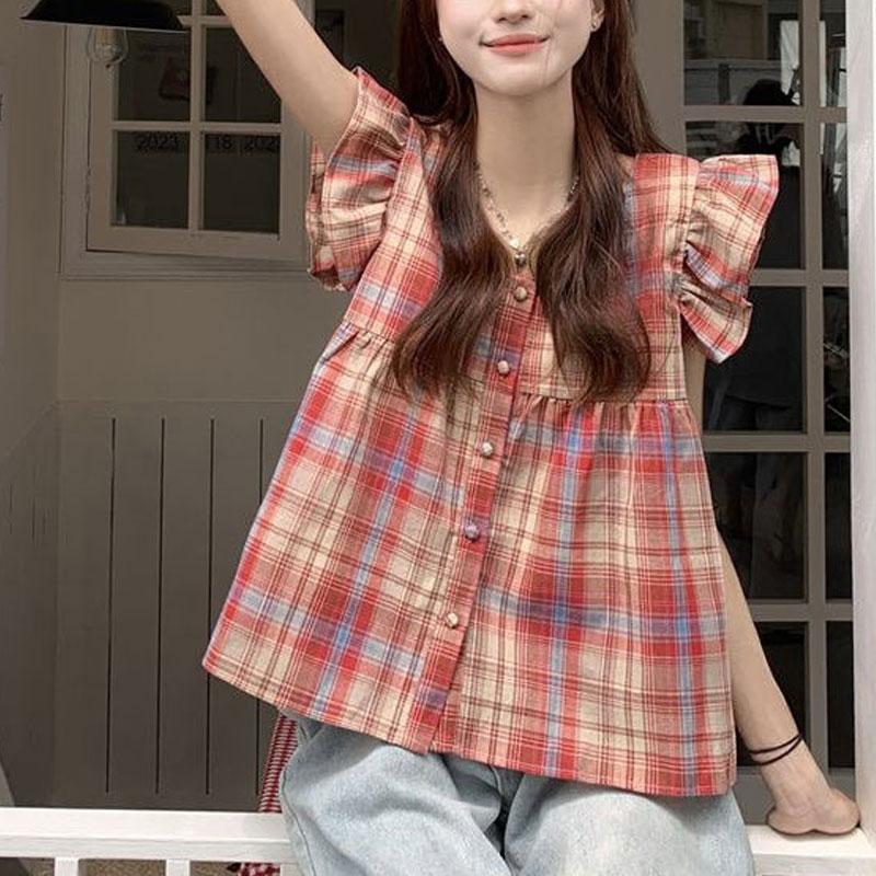 

Stylish Flying Sleeve Plaid Blouse Summer Casual Spliced Female Clothing Loose Elegant Square Collar Basic Single-breasted Shirt S красный