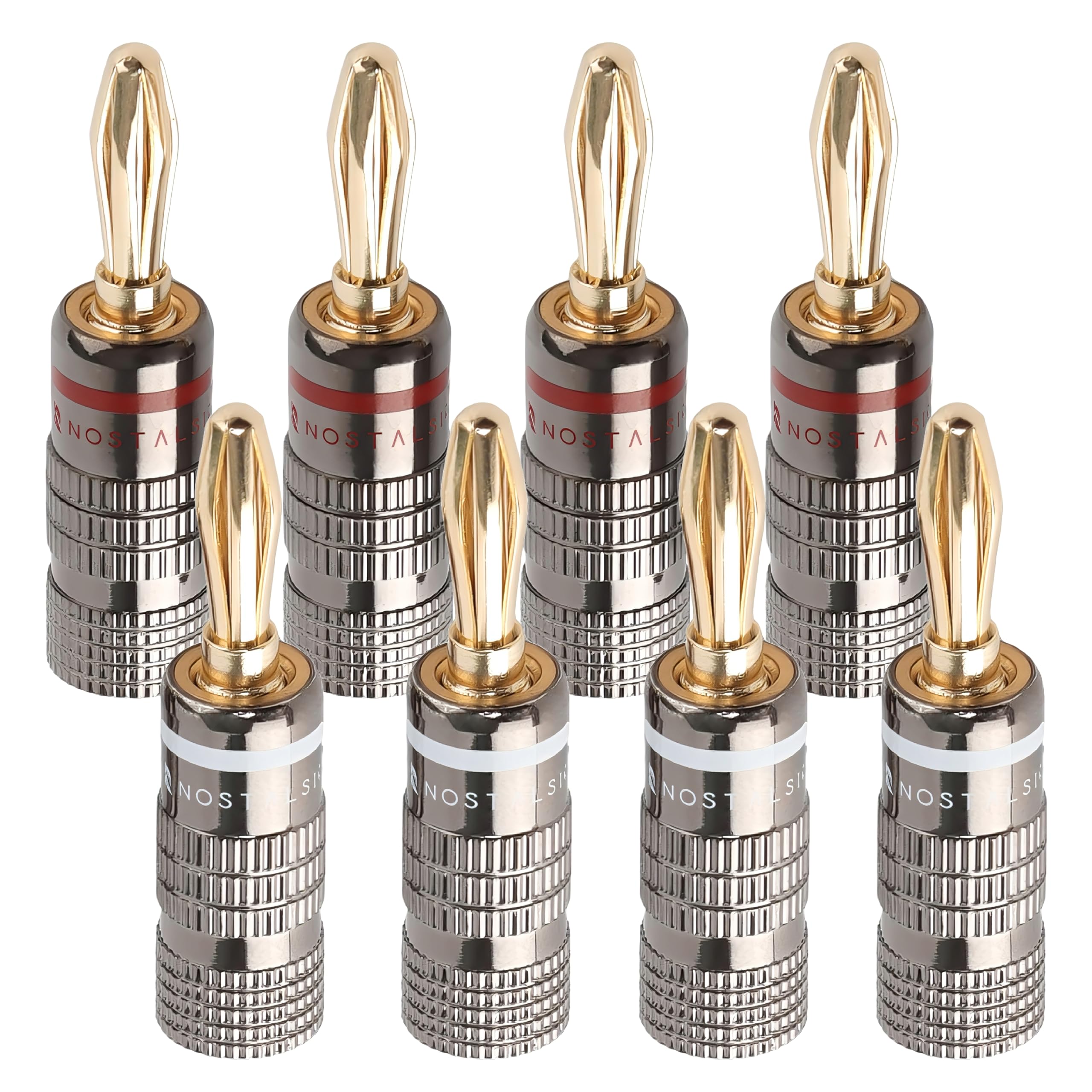 

NOSTALSIC Banana Plugs Red White Set Solderless 24k Gold Plated Easy Installation Double Screw Fixation Compatible with 12AWG to 18AWG For Audio