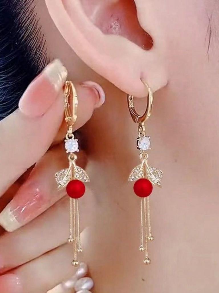1Pair Luxurious Red New Style Long Tassel Pearl Leaf Dangle Earrings, Elegant Jewelry Accessories