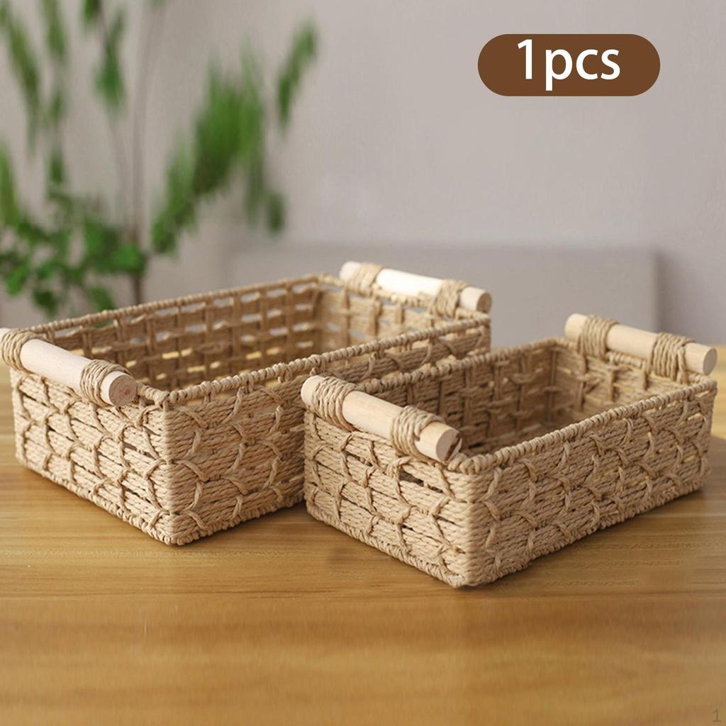 Handmade Storage Basket Made of Paper Rope And Natural Wood Organizer Tray for Cosmetics