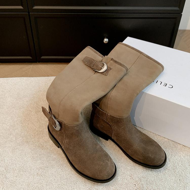 

2025 new fashion British style belt buckle splicing western cowboy boots round head square heel sleeve large size knight boots 39 абрикосовый