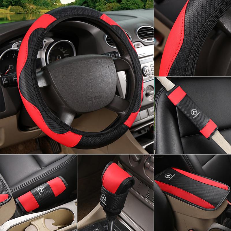 TXF4   6pcs/set Car Steering Wheel cover+Shoulder Pad+Armrest Pad Cushion For Mercedes Benz B/C/E/S A Class C200L GLC CLA Accessories