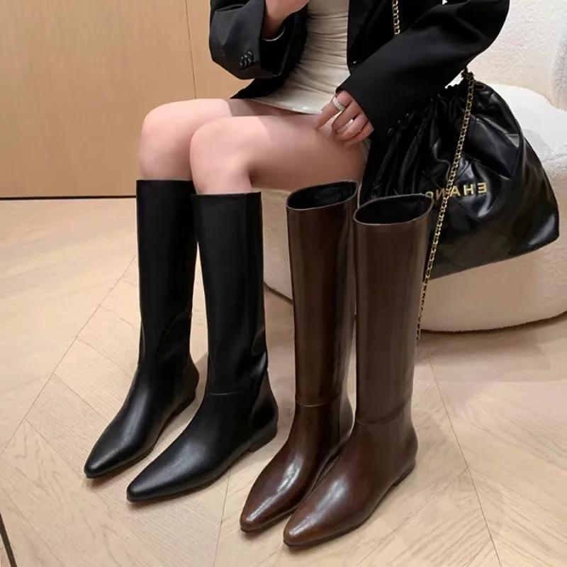 Fashion Ladies Shoes 2024 Knee-High Women's Boots Elegant Modern Boots Women Sewing Pointed Toe Med Heel Slip on Fashion Shoes Women