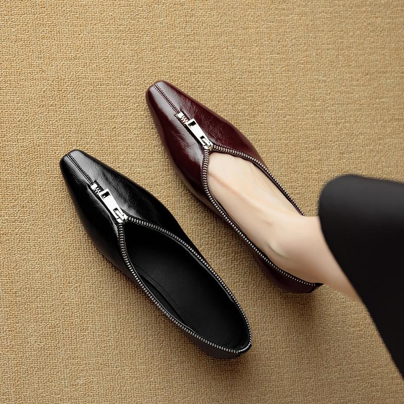 Fashion NEW Spring/Autumn Women Pumps Square Toe Chunky Heel Shoes Split Leather Shoes for Women Concise Slip-on Zipper Handmade Shoes