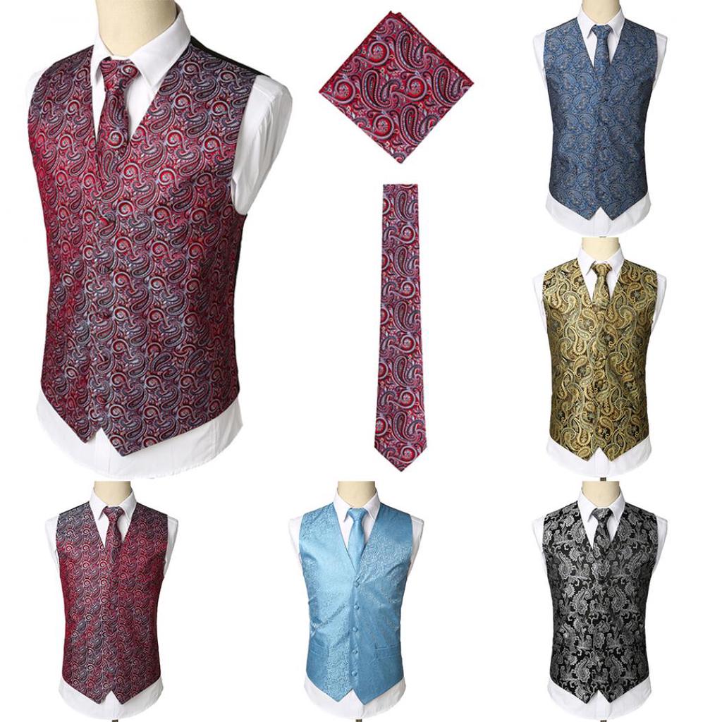 ME&SLEEVE Herren Smoking Weste + Ascot Krawatte + Taschentuch - Paisley Design Für Hochzeit