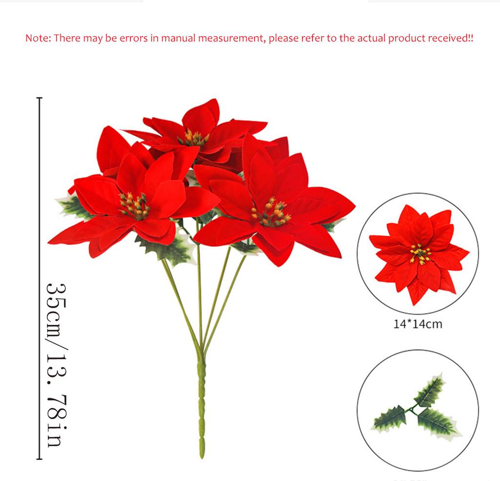 35cm Artificial Poinsettia Bushes Faux 7 Heads White Red Silk Artificial Christmas Flower Bouquet for Home Wedding Party Decor