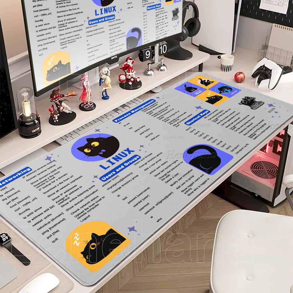 Linux Mouse Pad Large Commands Line Shortcuts Mouse Pad XXL Nonslip Accessories Large Gamer Kawaii Cat Laptop Keyboard Desk Mat