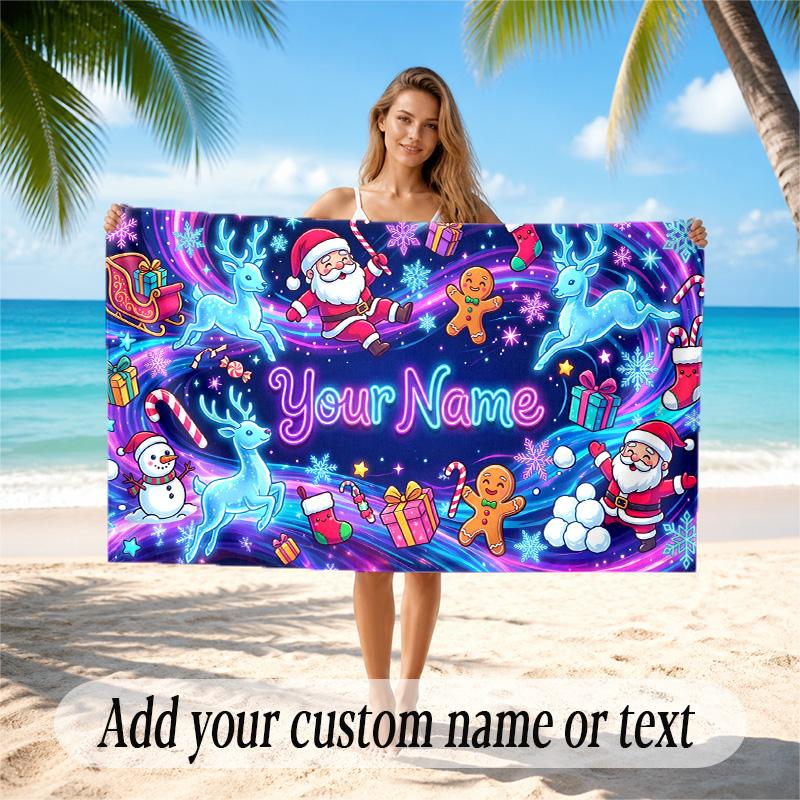 Christmas Theme Quick Dry Beach Towel Custom Name Text Print Large Sand Resistant Towel Beach Vacation