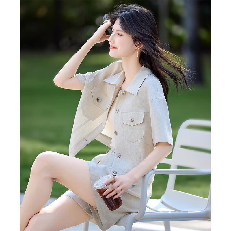 Shangjing Workwear Style Tencel Linen Shirt & Shorts Set