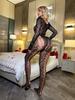 Black silk romantic underwear, long-sleeved perforated net garment, hollowed-out backless tight-fitting jumpsuit
