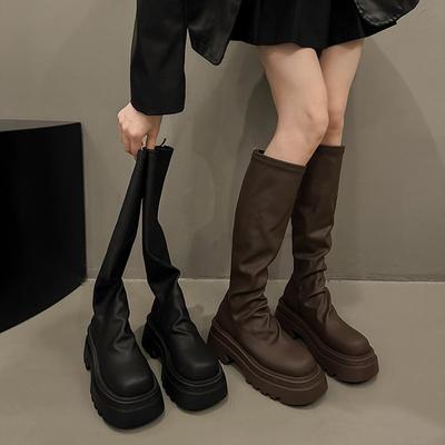 Herbst- und Winter-Ritterstiefel Stapel hohe Stiefel Damen 2025 neue dünne Stiefel kleine dünne dicksohlige lange Stiefel