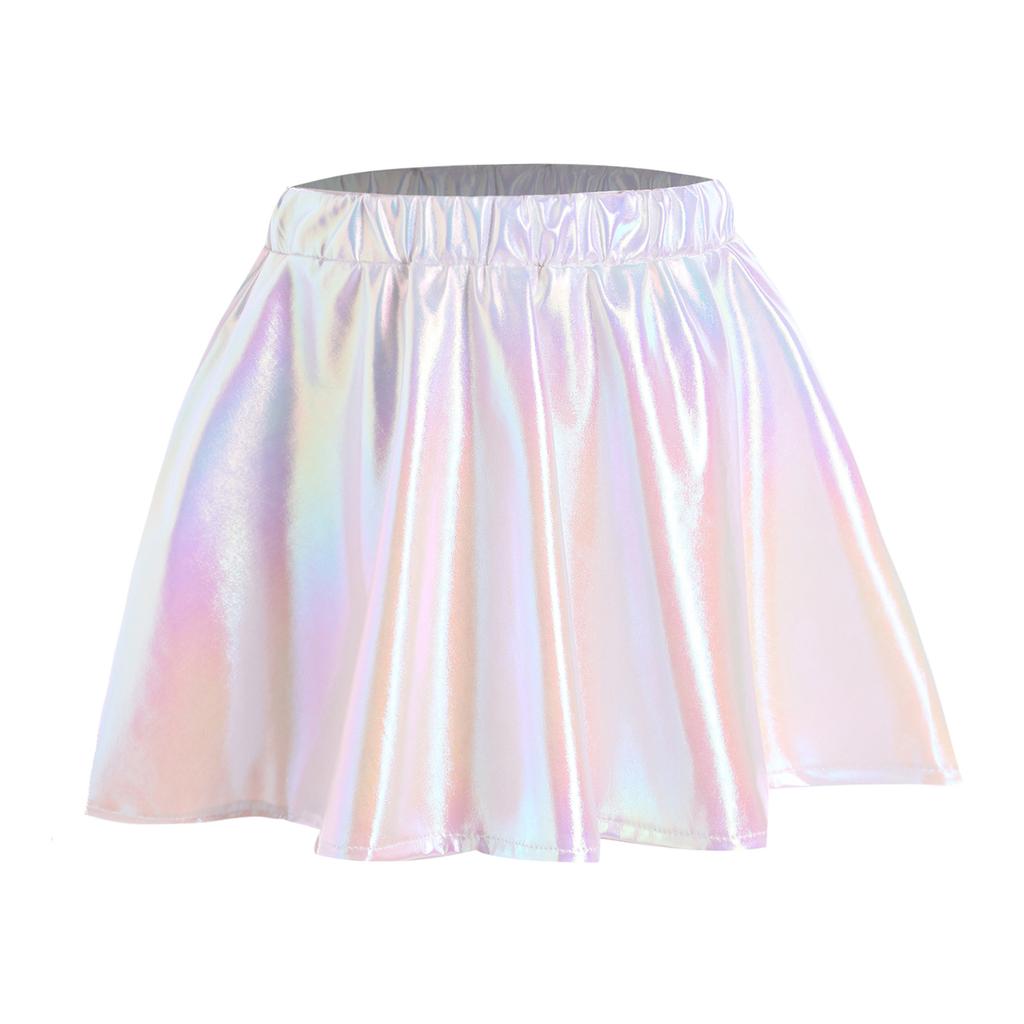 Girls Metallic Shiny Dance Skirt Elastic Waist A Line Miniskirt for Cheerleading Stage Performance