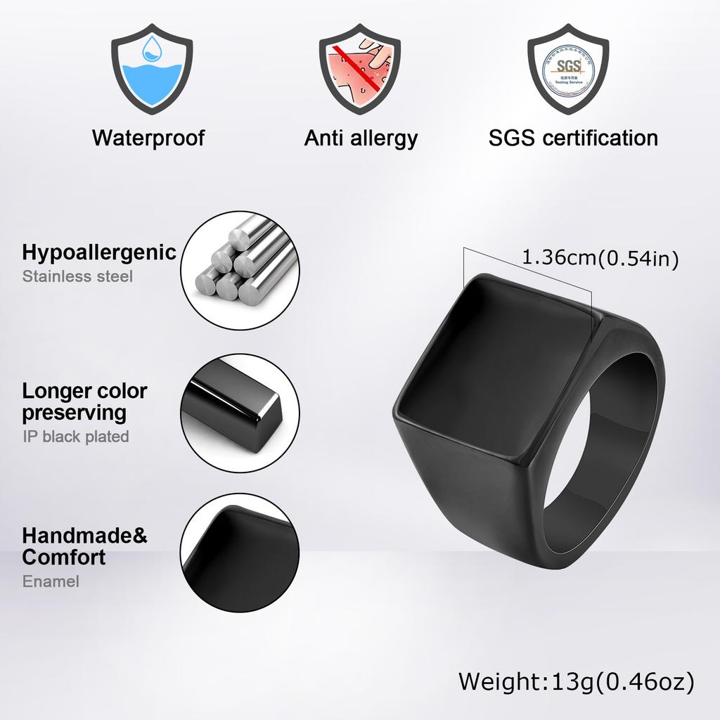 Vnox Anello Sigillo Quadrato con Top Smaltato da 14 mm per Uomini Ragazzi, Acciaio Inossidabile Nero con Timbro Superiore Smaltato, Anello Maschile Semplice Punk