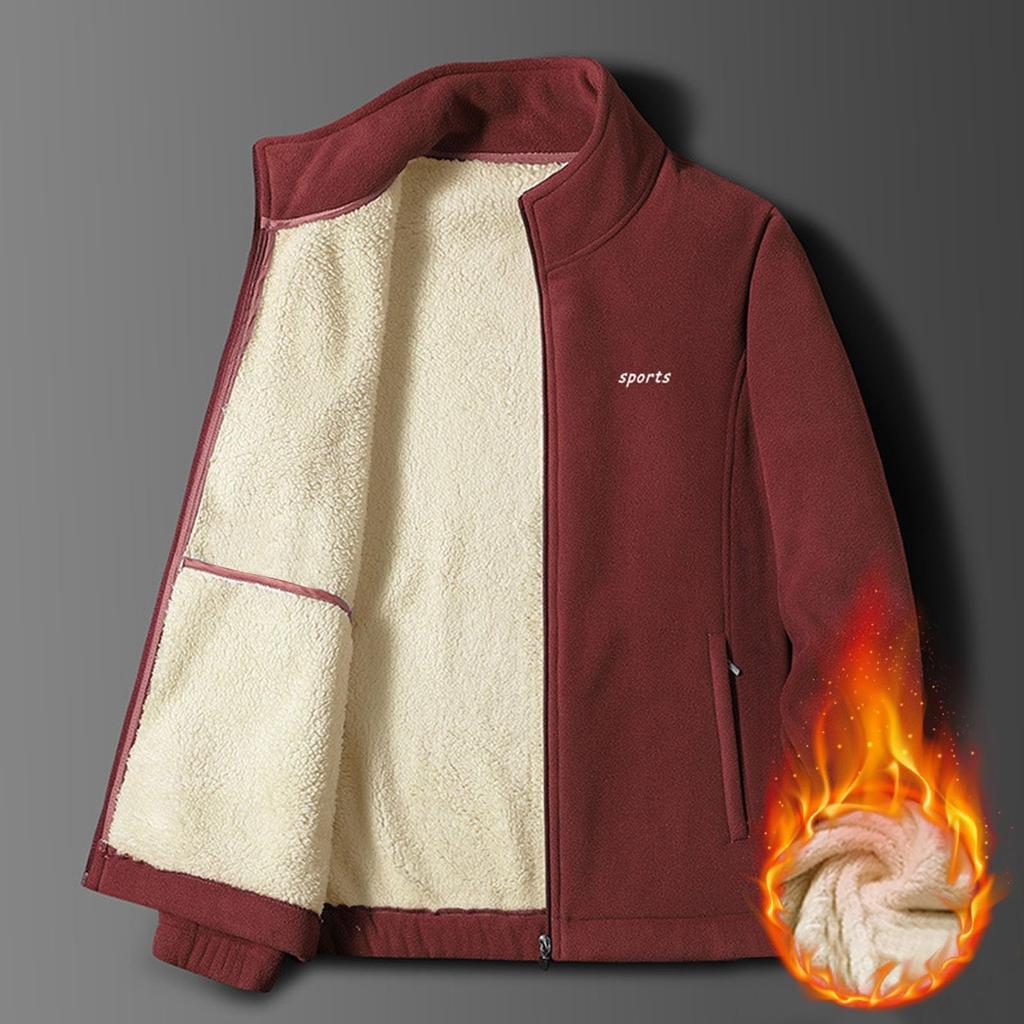 Men's Solid-color Casual Fleece Thickened Jacket, Men's Long-sleeved Stand-up Collar Fleece Warm Coat