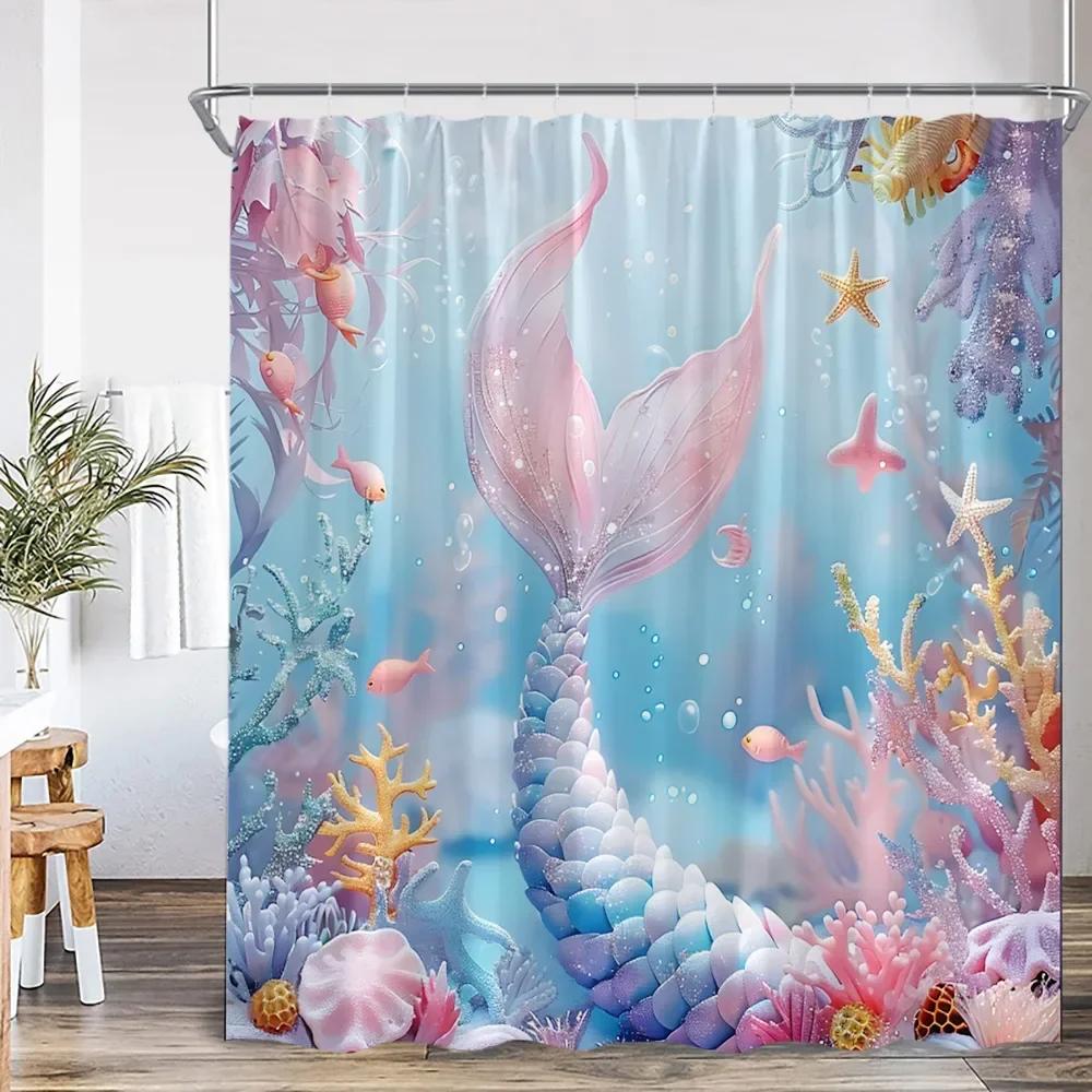 Magical Mermaid & Coral Reef Waterproof Shower Curtain - Enchanting Underwater Fantasy for Dreamy Bathroom Decor