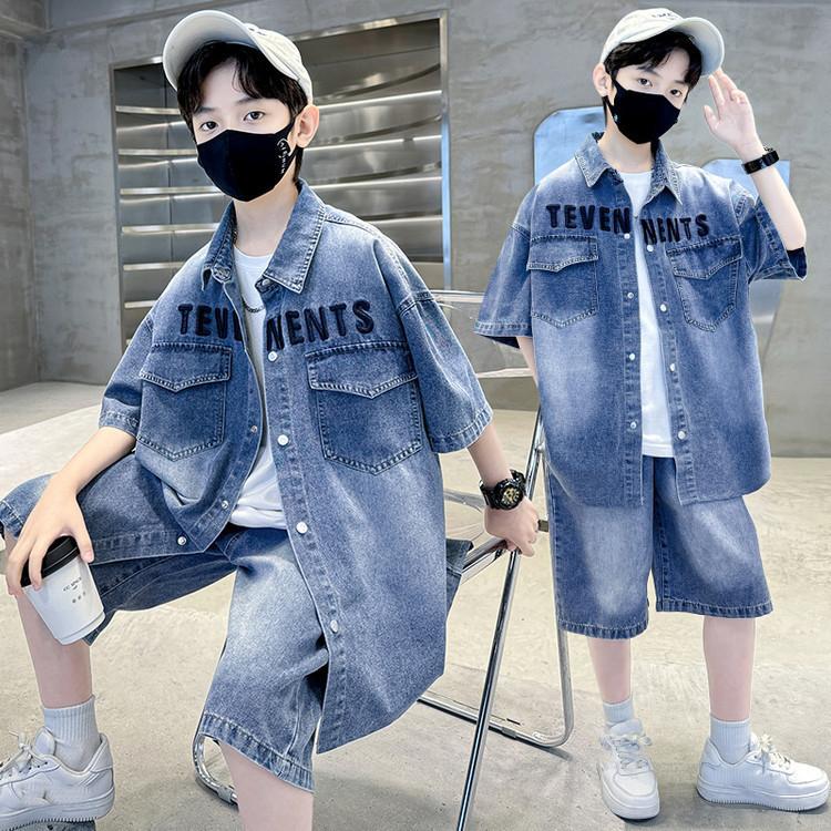 Boys Denim Suit Summer Children's Short Sleeve Shirt Shorts Sports Korean Tracksuit Sets Kids Suit