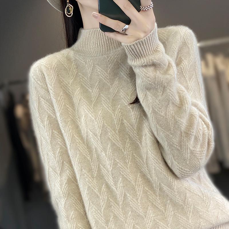 Women's Autumn & Winter Seven-Needle Jacquard Pullover Sweater - Half-High Collar, Thick Knit Base Layer