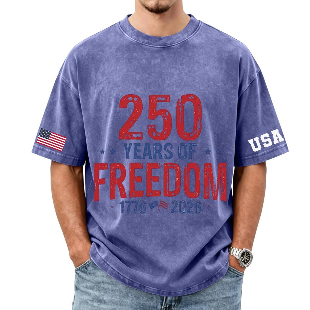Men's loose and casual flag letter print T-shirt - Men's trendy washed short-sleeved top