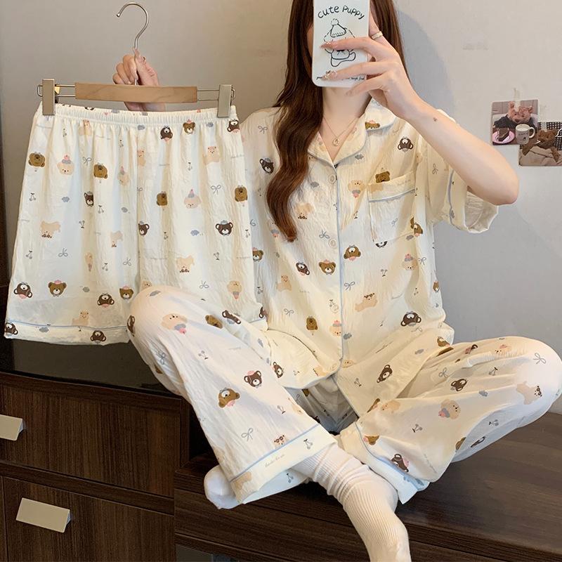 

Bear Paradise Pajamas Women S Spring Summer Cloud Cotton Short Sleeve Three-Piece Cartoon Cute Girly Loungewear 2XL