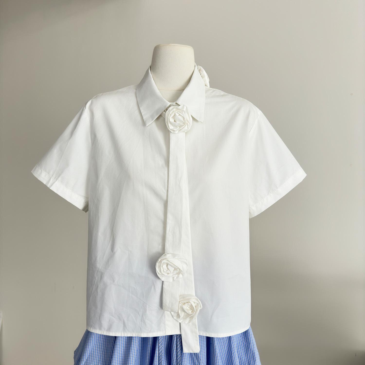 

2026 New Fashionable Casual White Handmade Floral Ribbon Short Sleeve Sweet Style Shirt S белый
