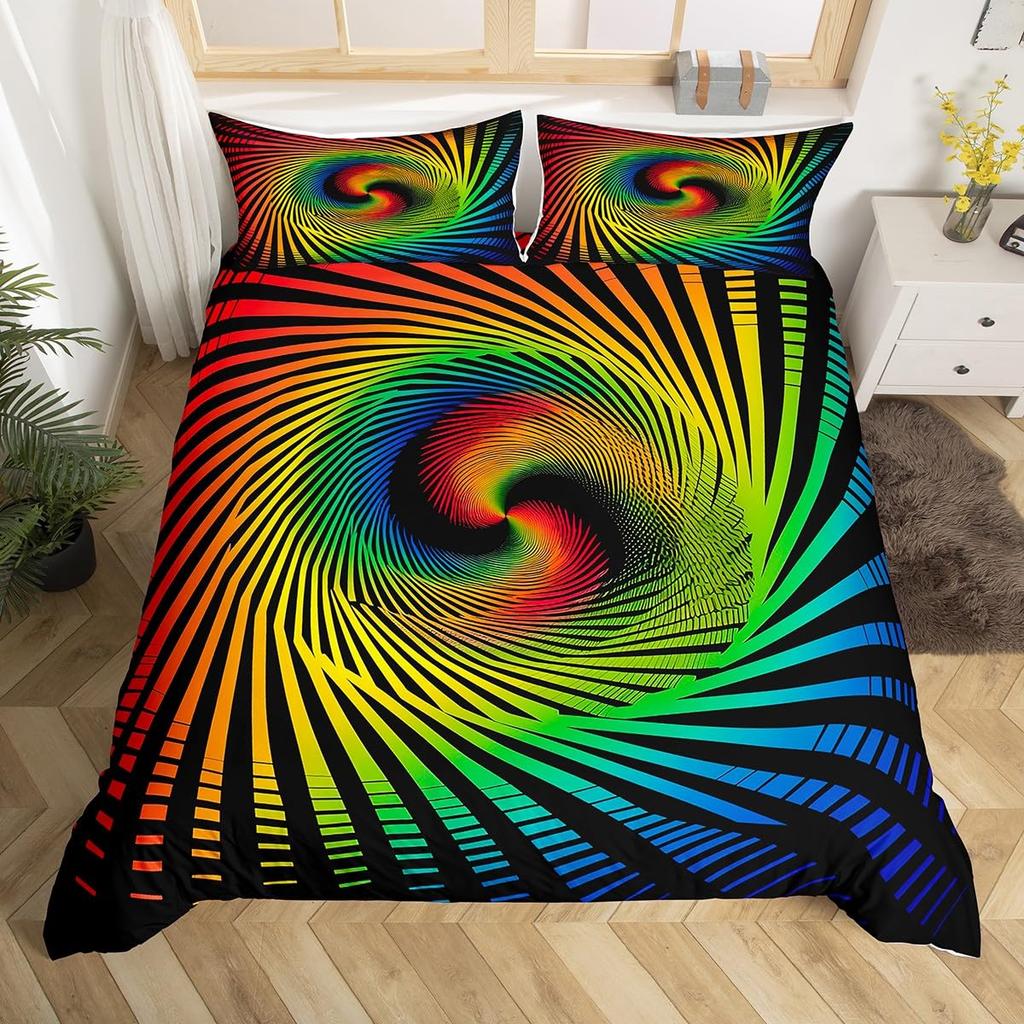Visual Space Bedding Set Colorful Art Comforter Cover Rainbow Gradient Duvet Cover Optical Illusion Bedspread Cover Full King