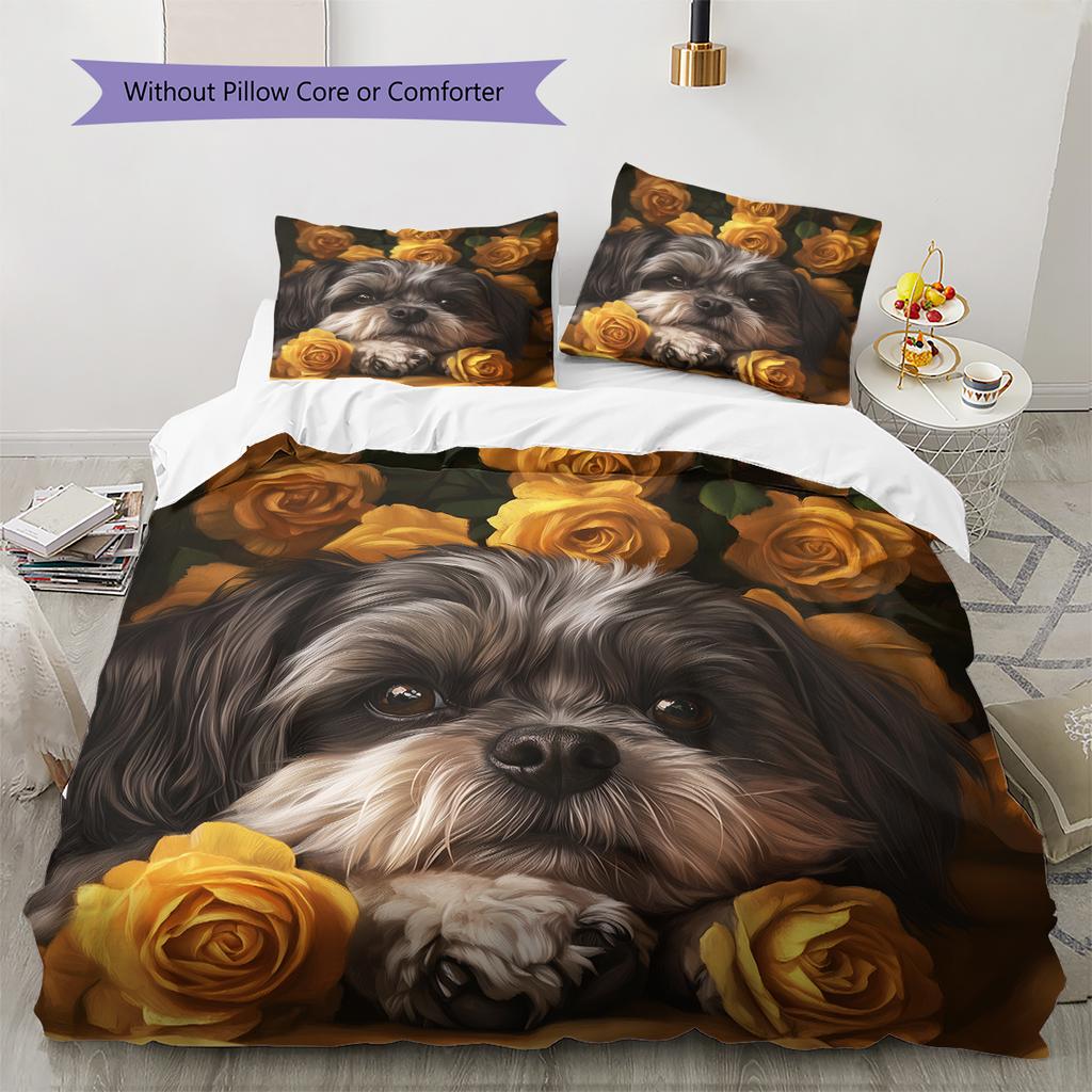 Shih Tzu and Flowers Pattern Bedding Home Decoration Birthday Gift (1 * Duvet Cover + 2 * Pillowcase, Without Core)