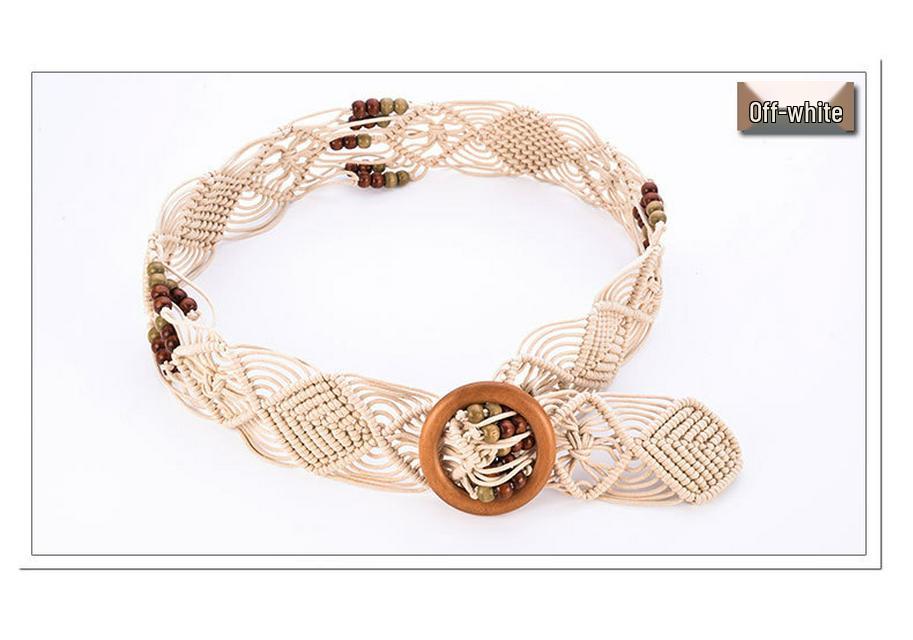 Ethnic Handmade Wax Rope Belt with Wood Buckle and Beads