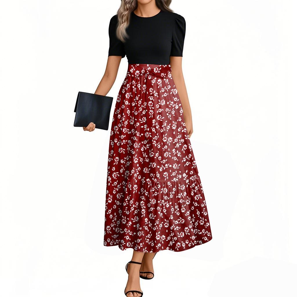 Damenmode Casual Gürtel Kurzarm Rundhals Blumennähte Elegantes Temperamentkleid