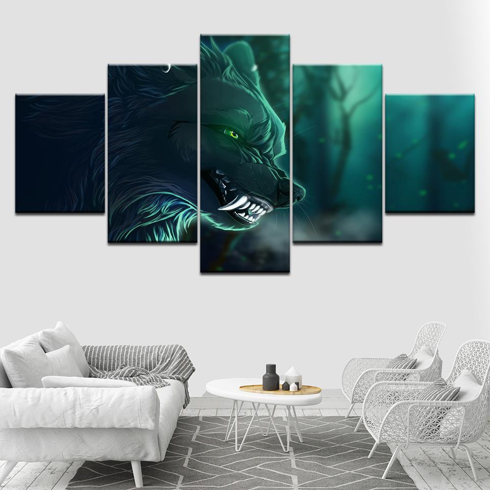 

Green eyes wolf animal 5 Piece Wall Art Canvas Print modern Poster Modular art painting for Living Room Home Decor 20x35 20x45 20x55cm