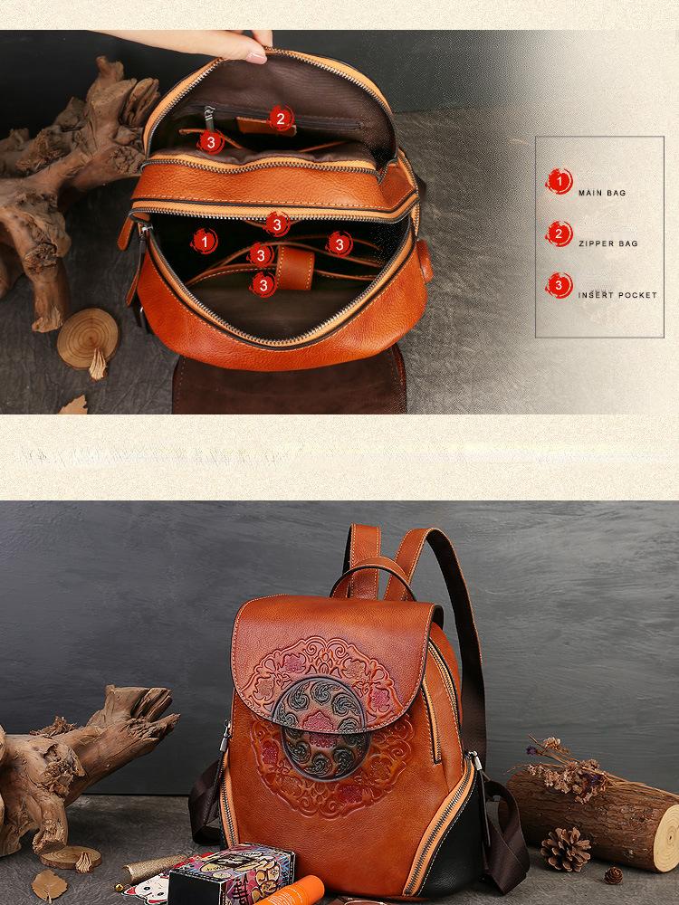 Johnature Retro Handmade Totem Embossed Genuine Leather Backpack Women Bag Large Capacity Cowhide Bagpack Travel Bags