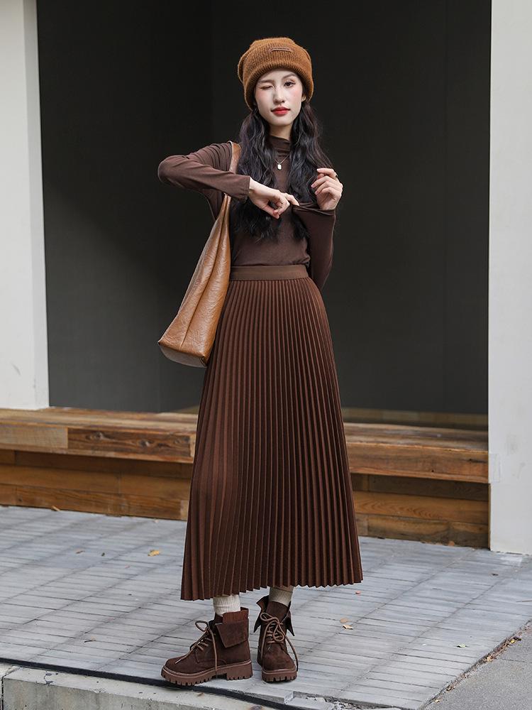 Winter 2024 Women's High-Waisted Wool Blend Pleated Midi Skirt – Slimming A-line Casual Style