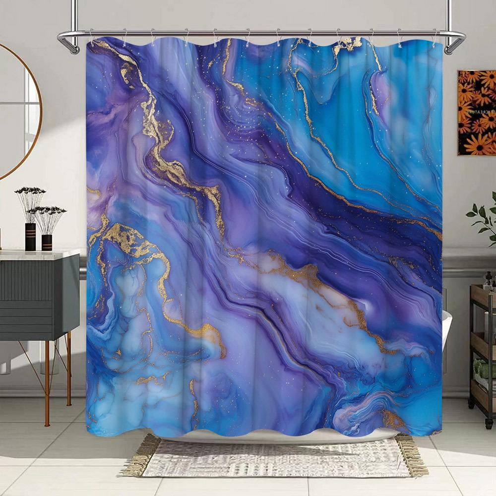 

Elegant Blue and Purple Marble Shower Curtain - Waterproof, Mildew-Resistant with Gold Accents for a Luxurious Bathroom Decor W90XH180cm
