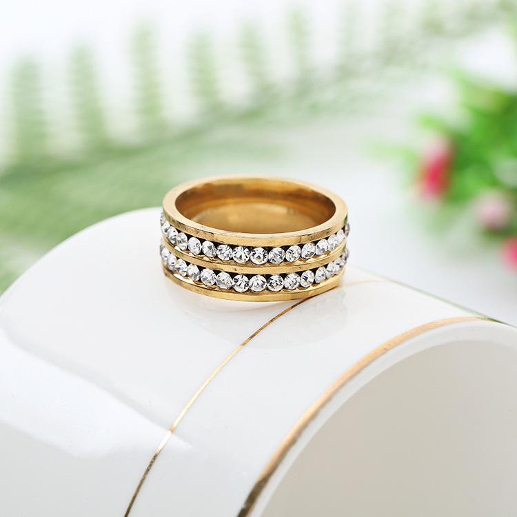 Trendy Double Row Diamond Stainless Steel Ring – European & American Style