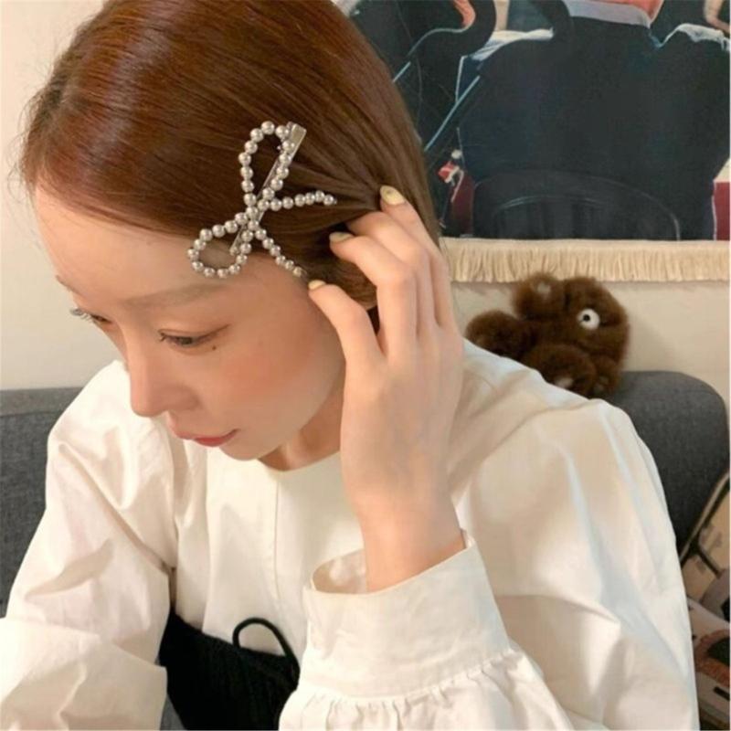 Beaded Hair Clip Aesthetic Hair Bows Bowknot Duckbill Clip Side Pin Nonslip Hair Barrettes for Women Girl Hair Styling
