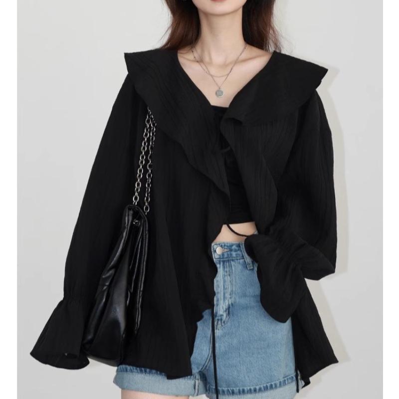 Frühlingsrüschen Schlagärmel Schnürung Vintage Lässige Hemden für Damen Mode Elegant V-Ausschnitt Lockere Blusen Damen Oberteile Slim Fit Einfarbiges Damenhemd 25999