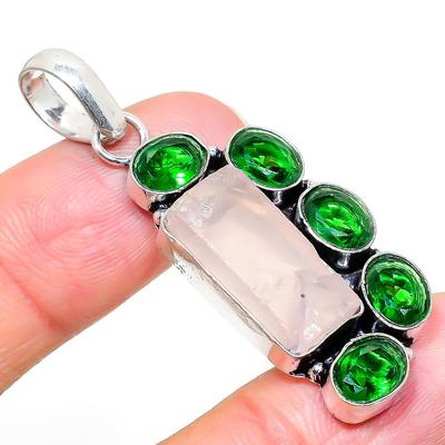 Natural Rose Quartz Rough,Diopside Stone 925 Sterling Silver Pendant 1.97" Q1K92