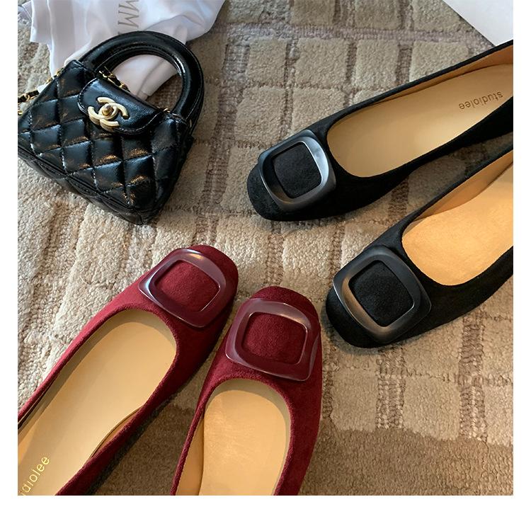 Sheepskin version~ Leather French square buckle shallow mouth single shoes women's new round head one-pedal flat commuter ballet shoes