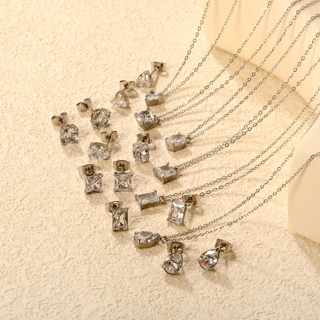 Temperament High-class white zirconium stud earrings necklace Exquisite stainless steel water drop-shaped geometric diamond-encrusted jewelry set