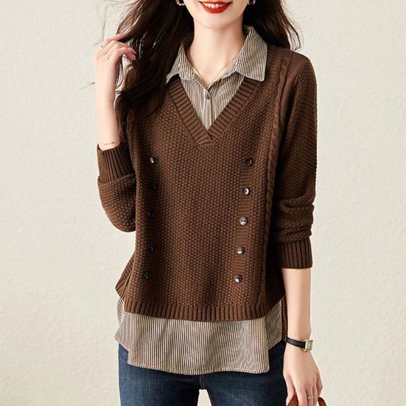 Damen Zweiteiliges Oberteil Strickpullover Spleiß Hemdkragen Frühling Herbst Koreanisch Locker Langarmpullover Damenpullover