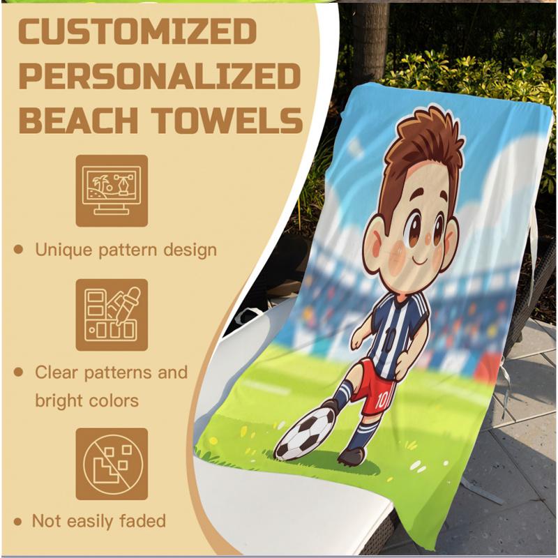 Chibi Cartoon Soccer Boy Beach Towel, Wrinkle Resistant, Adorable Print Towel For Family Travel & Beach Days