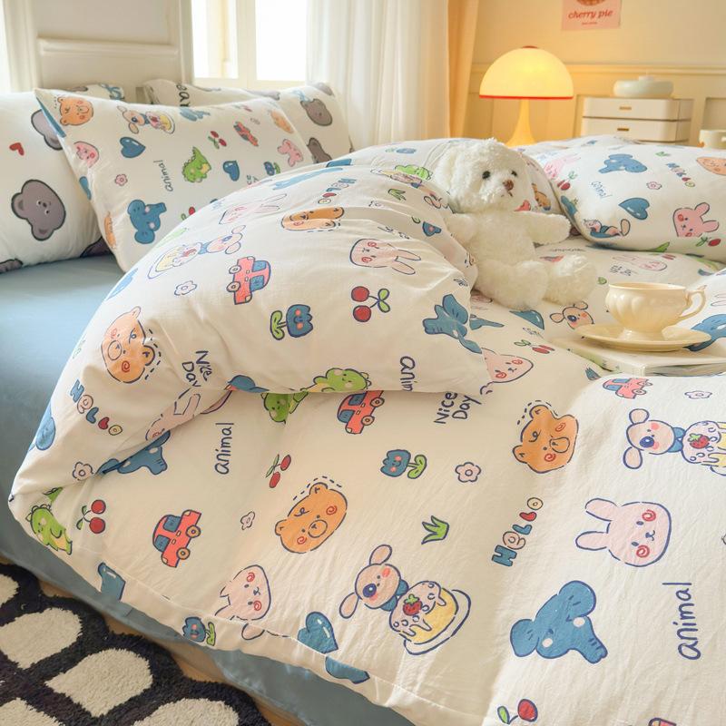 Small Clear Four-piece Set of Washed Cotton Sheets, Quilt Cover Three-piece Set of Bedding