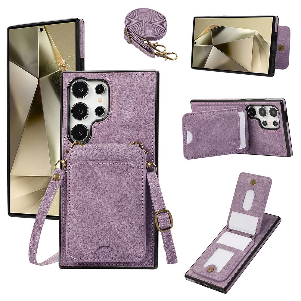 For Samsung Galaxy S24 Ultra Case Card Holder Kickstand Leather + TPU Phone Cover with Shoulder Strap