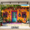 One 2D Flat Background Cloth for a Mexican Carnival Theme, Featuring a Guitar, Colorful Door Decorations and Floral Patterns