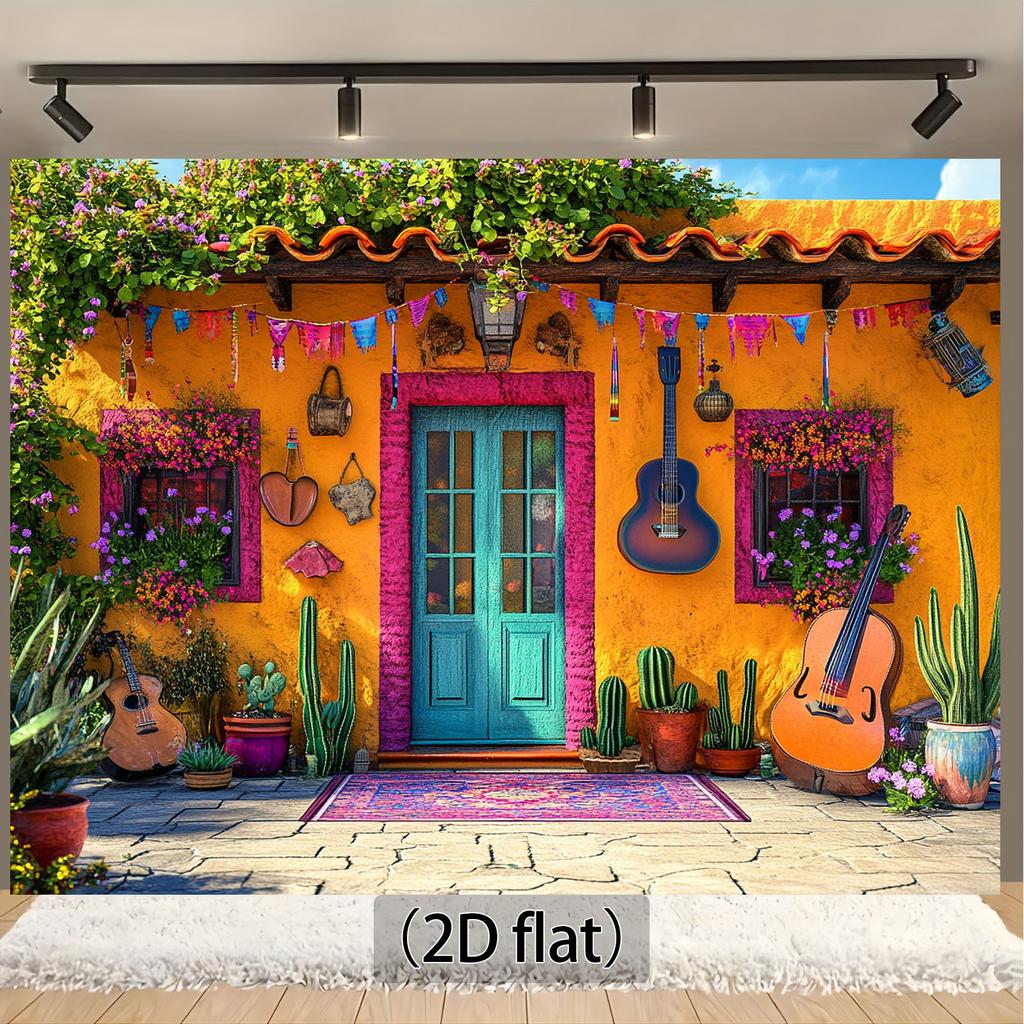 One 2D flat background cloth for a Mexican carnival theme, featuring a guitar, colorful door decorations and floral patterns