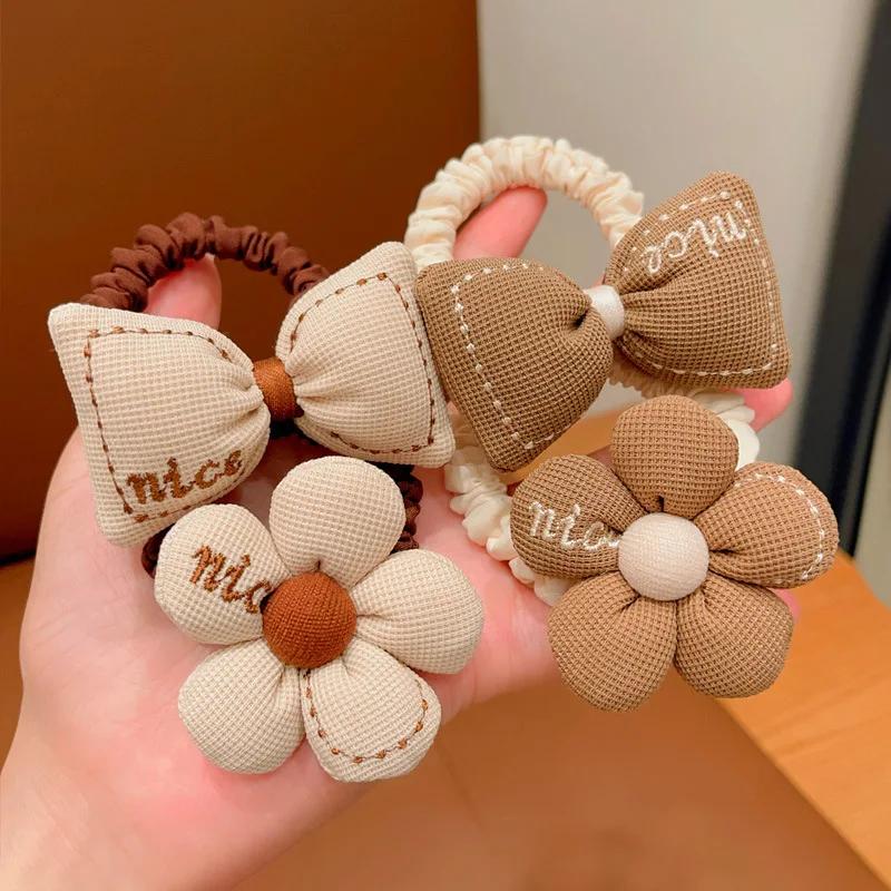 Korean Cartoon Chocolate Elastic Hair Bands Bear Rabbit Hair Ties Rope Girls Gum Smile Flower Scrunchies Kid Ponytail Holder