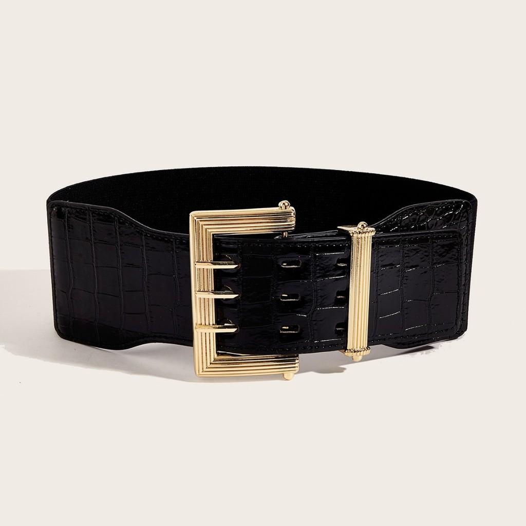Square Metal Fashion Buckle Decorative Stone Texture Women Casual Wide Waistband