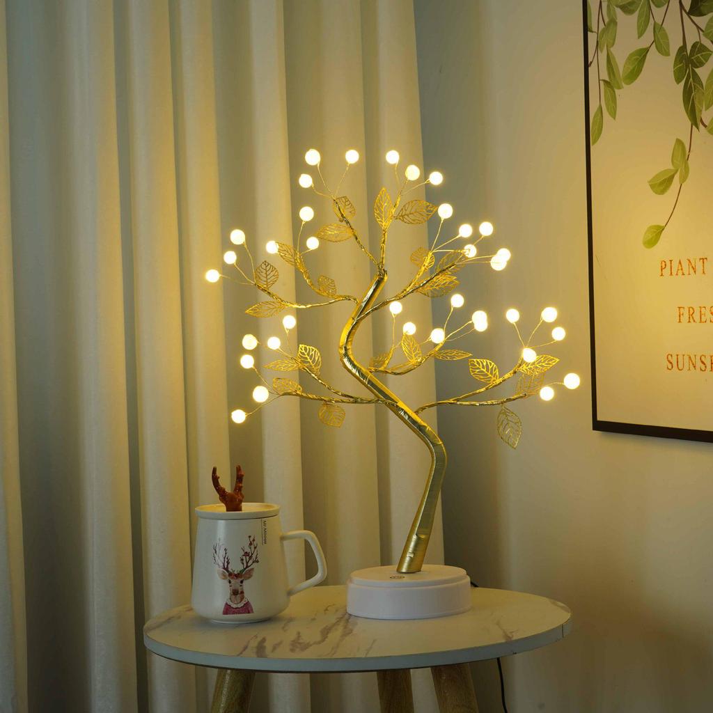 LED Bonsai Tree Lamp: Silver Branches with Pearls and Gold Leaf, Perfect for Christmas or Night Lighting