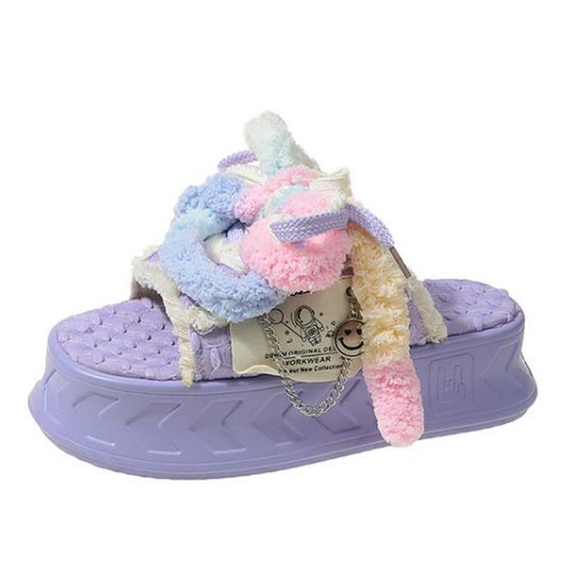 Fashion Kawaii 5.5CM Summer Women Weave Slippers Platform Shoes Mules Flip Flops Candy Color Sandals Flat Casual Soft Cute Outdoor Shoes